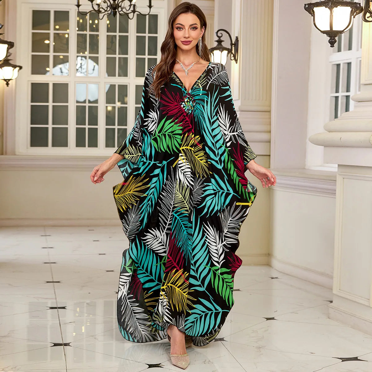 Kaftan Dresses for Women Wave Neck Swimsuit Cover Up Caftan Dress Plus Size Oversized Long Beach Dress