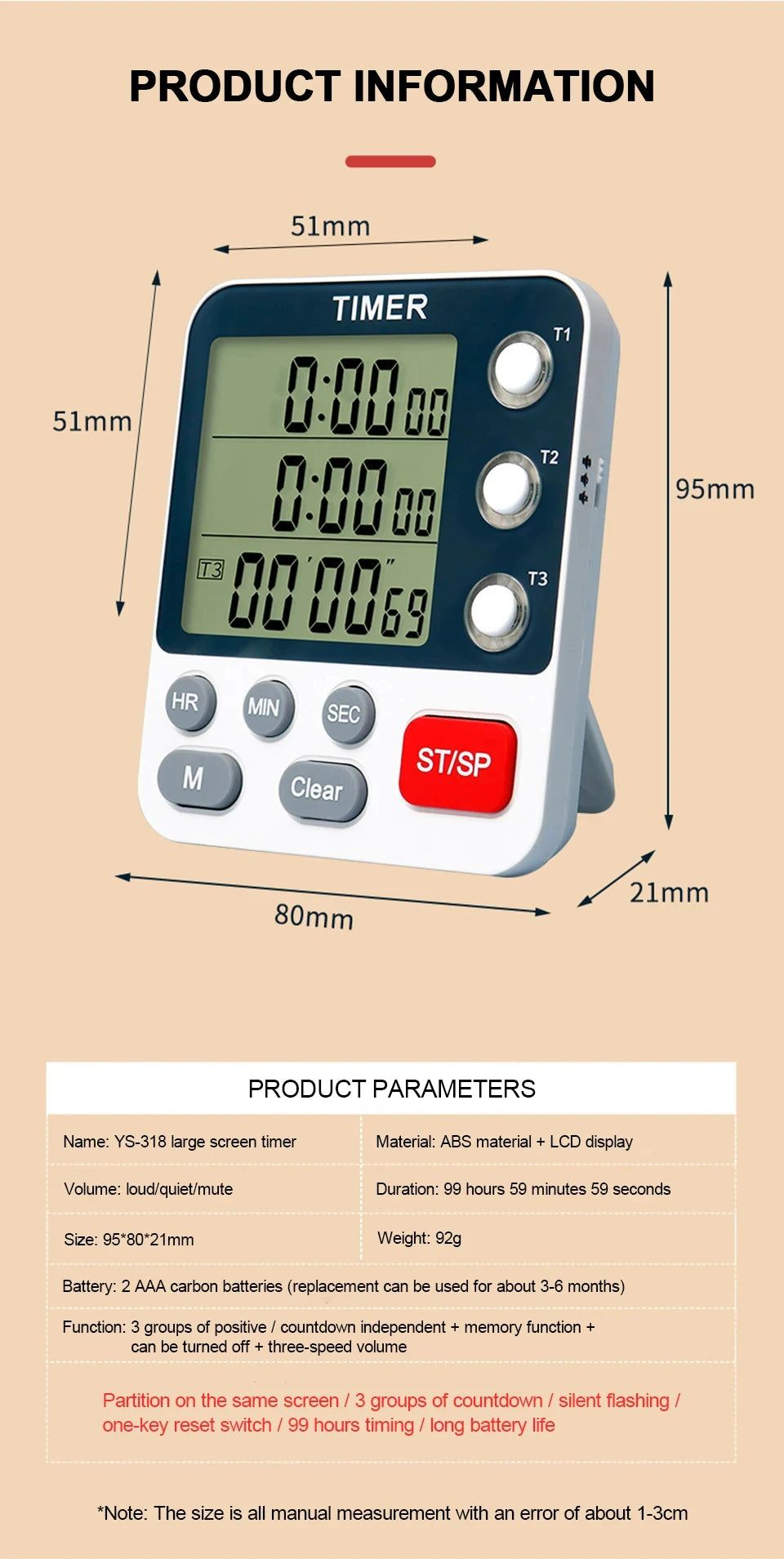Digital Kitchen Timer 3 Channels Count UP/Down Timer 3 Levels Volume Alarm Clock  LCD Display Mute Flashing Timer for Studying