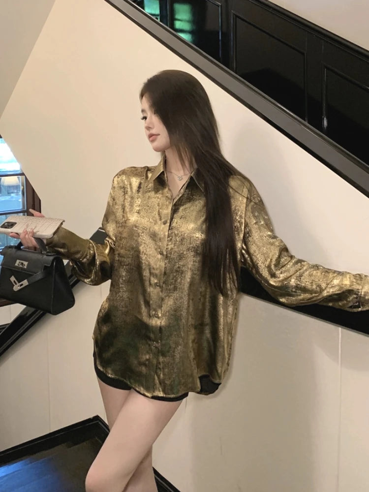ADAgirl Y2k Golden Color Shirt Female Long Sleeve Luxury Elegant Blouse Women  Button Up Oversized Casual Spring Autumn Top Chic