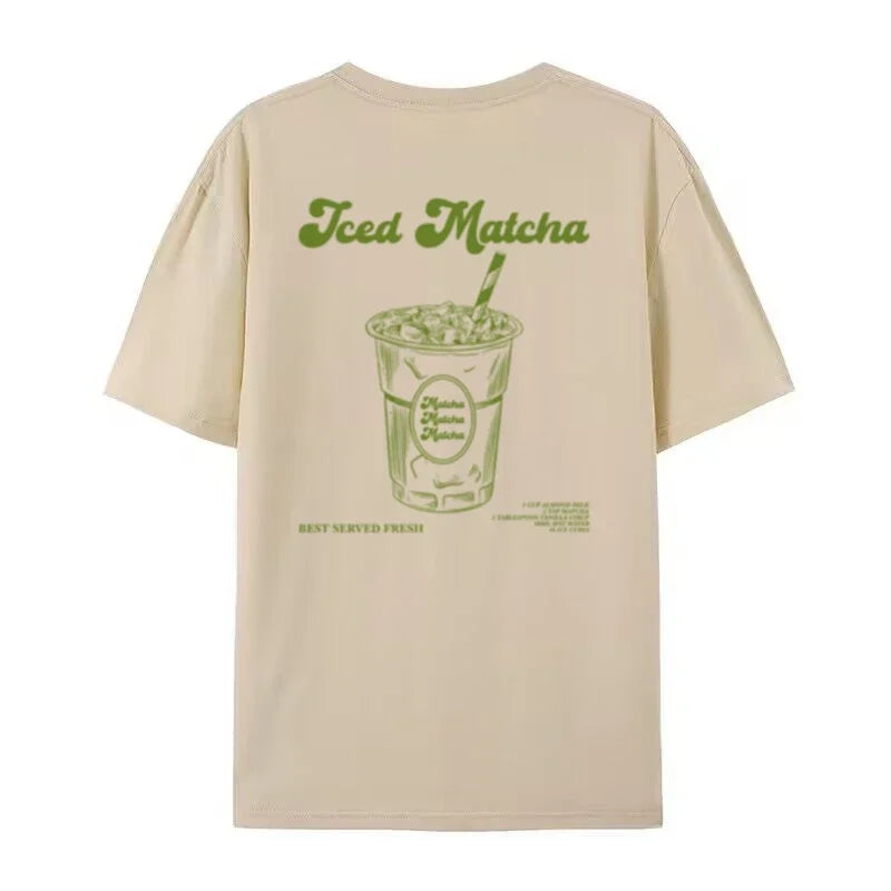 Iced Matcha Graphic Top Tees Short Sleeve Retro Aesthetic T-Shirts Cute Matcha Lover T Shirt Women Oversized Streetwear Clothing