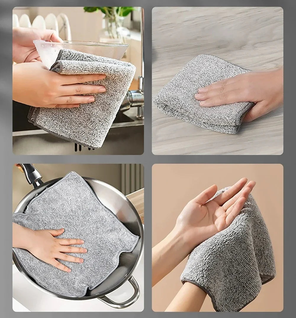 1/5PCS Thickened Gray Bamboo Charcoal  Super Absorbent Dishcloth Anti-grease Kitchen Wiping Rags Microfiber Cleaning Cloths