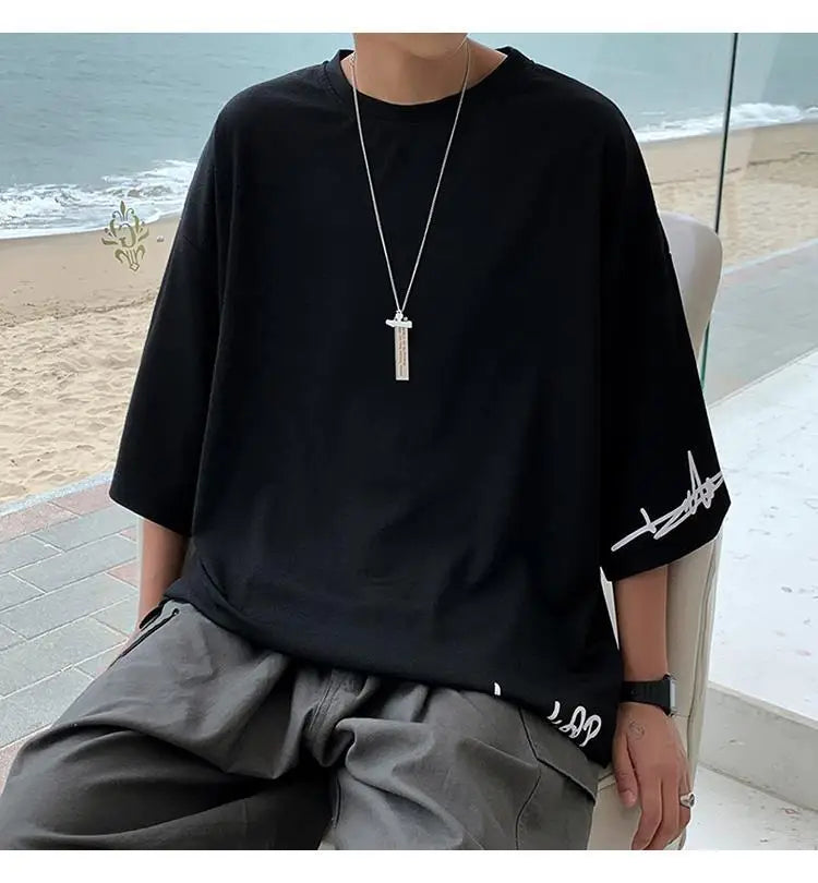 Fashion Solid Color Printed Asymmetrical T-Shirt Men Clothing 2023 Spring New Oversized Casual Pullovers Loose Korean Tee Shirt