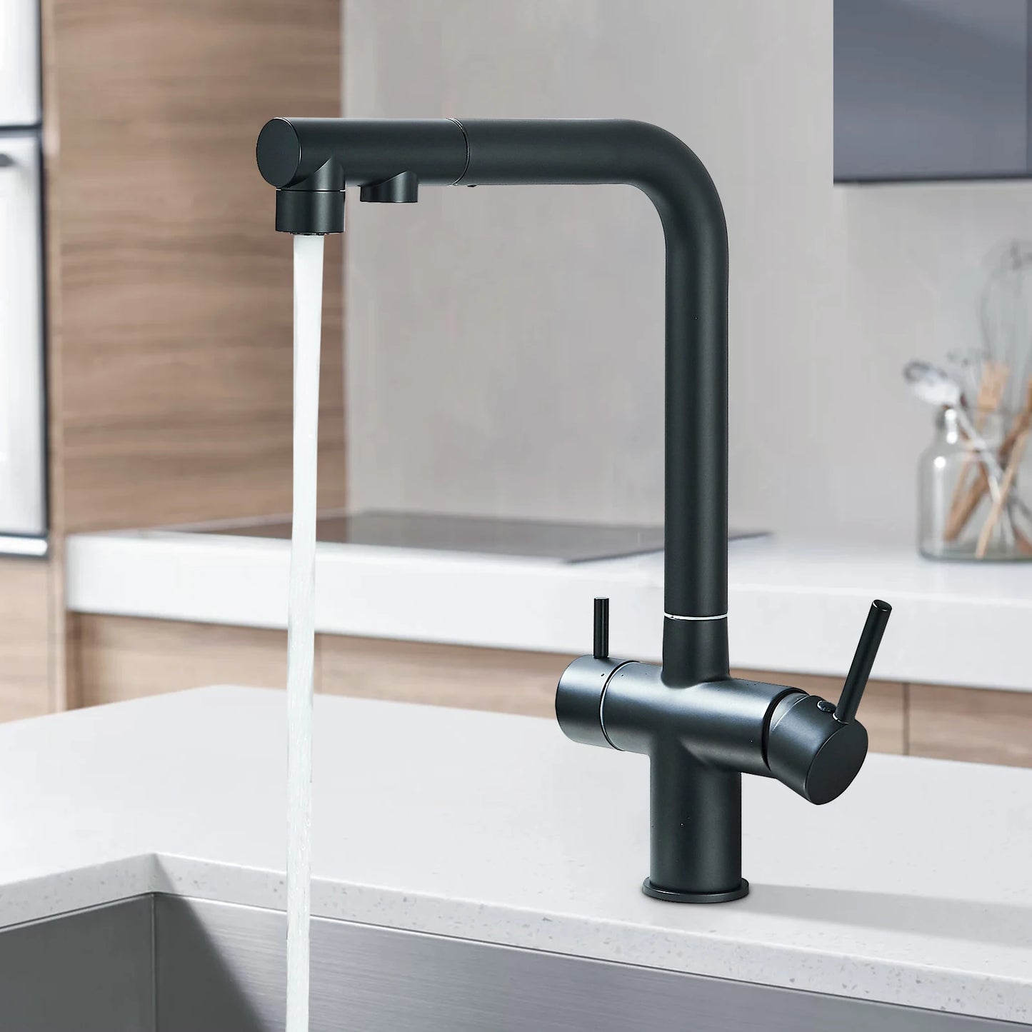 Chrome Black Filter Pull Out Kitchen Faucet Deck Mount 360 Degree Rotation Purified Tapware Cold Hot Crane Tap Dual Spouts Drink