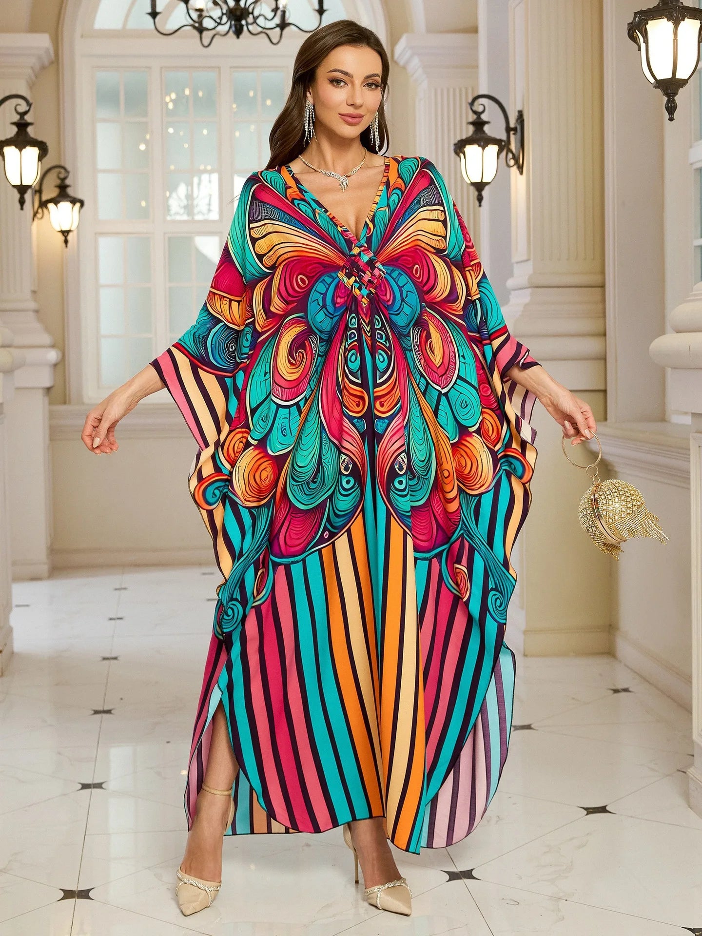 Kaftan Dresses for Women Wave Neck Swimsuit Cover Up Caftan Dress Plus Size Oversized Long Beach Dress
