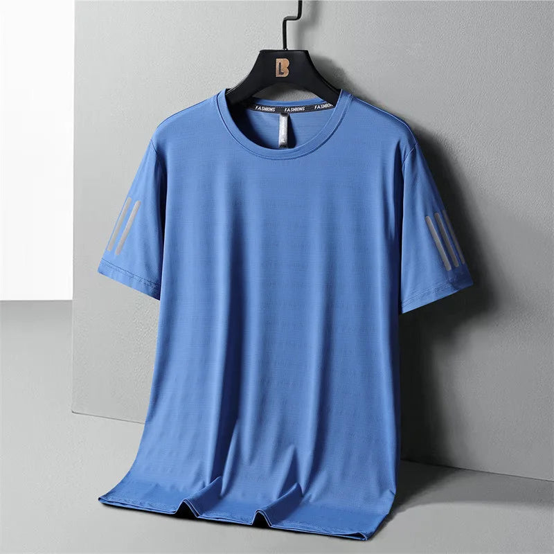 Summer Thin Ice Silk T-Shirt For Men Crew Neck Short Sleeve Casual Soft Fitness Tops Plain Oversized Tees