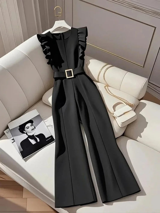 Summer Oversized luxury Temperament Jumpsuit Women Summer Fashion Ruffles Sleeveless Elegant Black Bodysuit Solid With Belt