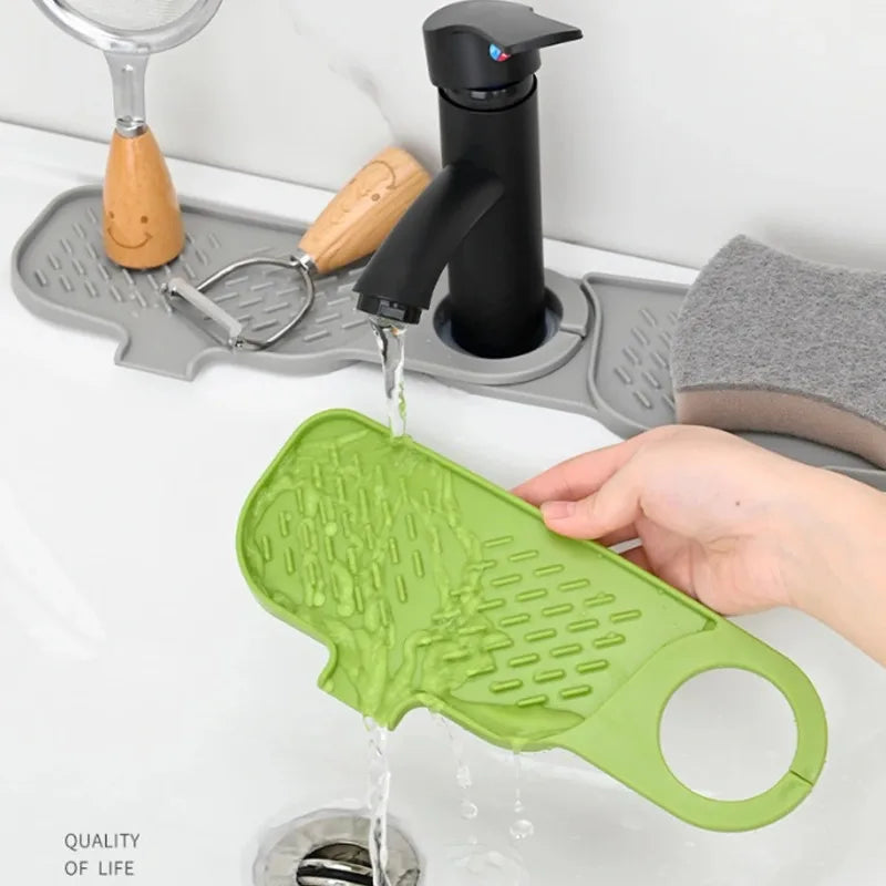 Kitchen Sink Splash Drain Mat Silicone Faucet Handle Drip Catcher Tray Dish Soap Dispenser&Sponge Holder Mat Sink Accessories