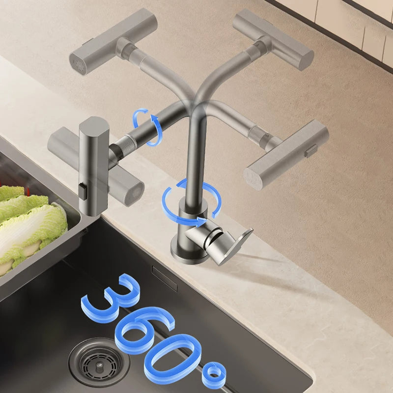 Gray Kitchen Faucets Pull Out Rotation Waterfall Stream Sprayer Head Hot -Cold Water Faucet Wash Basin Rotation Water Tap 