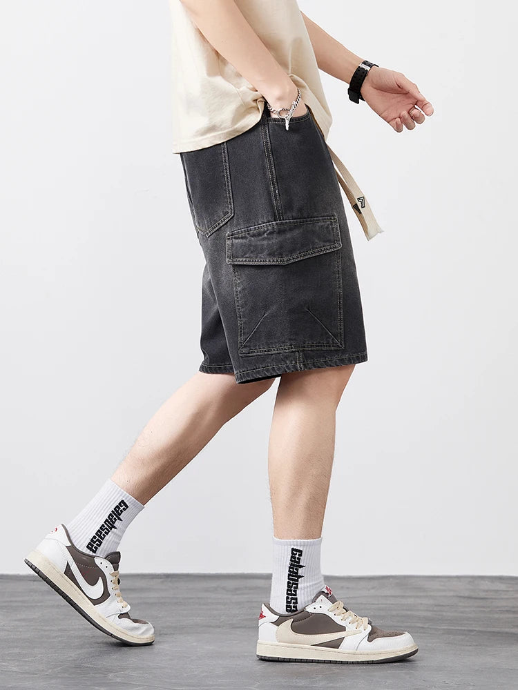 Men's Oversized Denim Shorts Summer Anti-Chafing Mid Waist Stretch Cargo Shorts Youth Hip Hop Beach Streetwear Sizes M-5XL