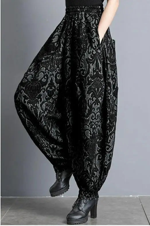 New Draping winter Jacquard Bloomers Women Casual Loose High Waist Vintage Wide Leg Harlan Pants Oversized Mom Pants trousers