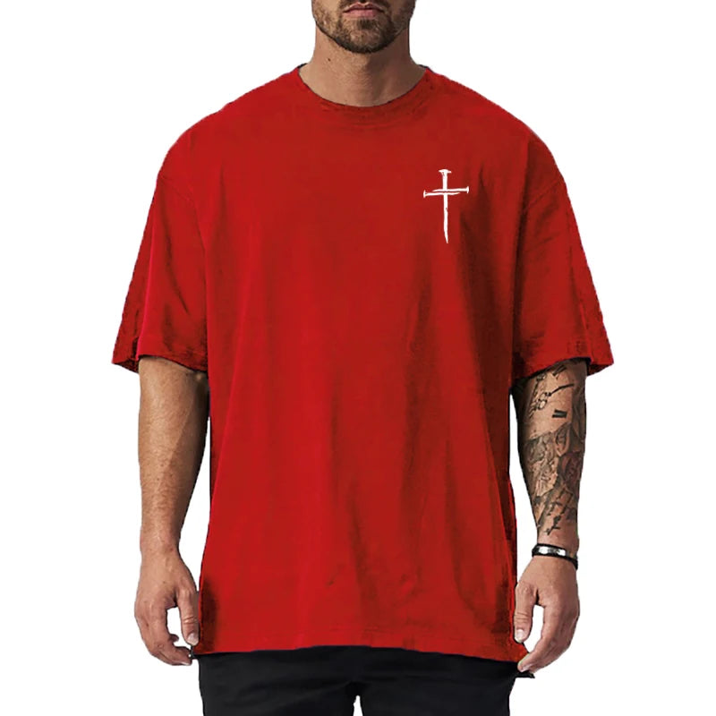 Personalized Cross Print Mens Fitness T-shirts Oversized Loose Short Sleeve Cotton Breathable Shirt Gym Bodybuilding Muscle Tops