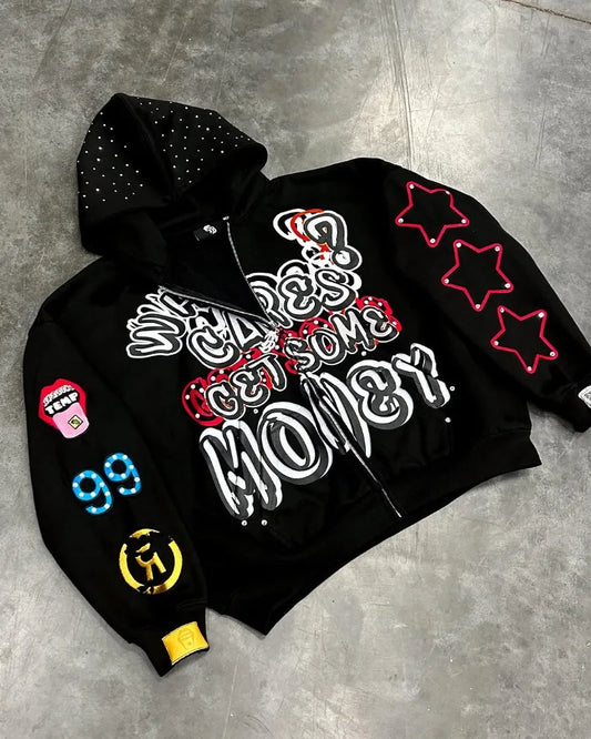 American Trendy Brands High Street Loose Casual Cartoon Printed Zipper Hoodie Men Y2k Hip-hop Rock Oversized Sweatshirt Women
