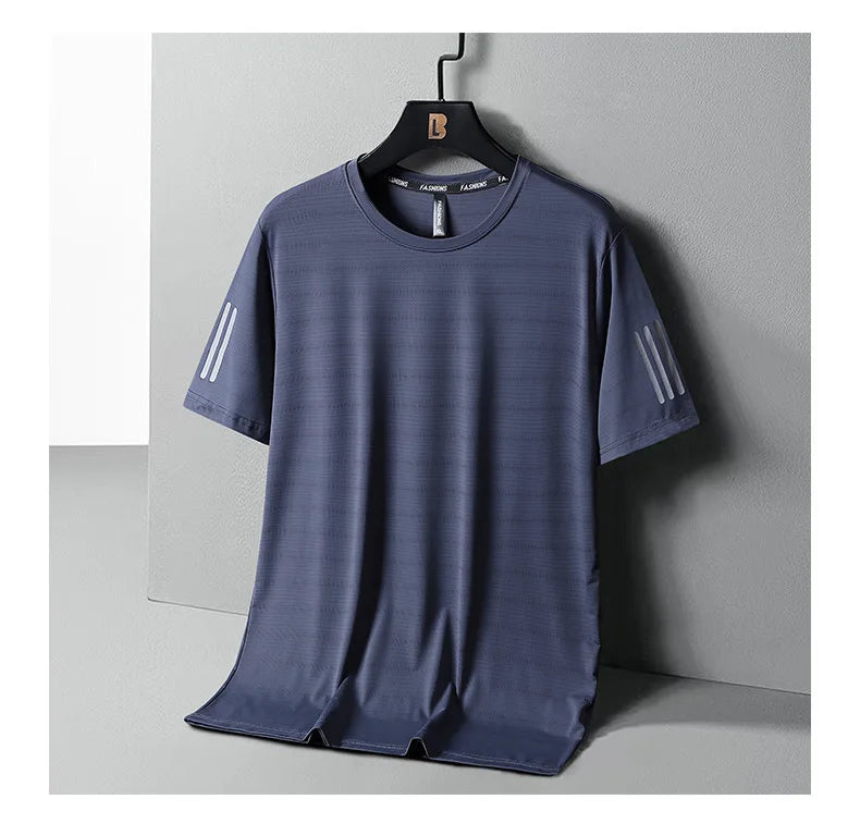 Summer Thin Ice Silk T-Shirt For Men Crew Neck Short Sleeve Casual Soft Fitness Tops Plain Oversized Tees