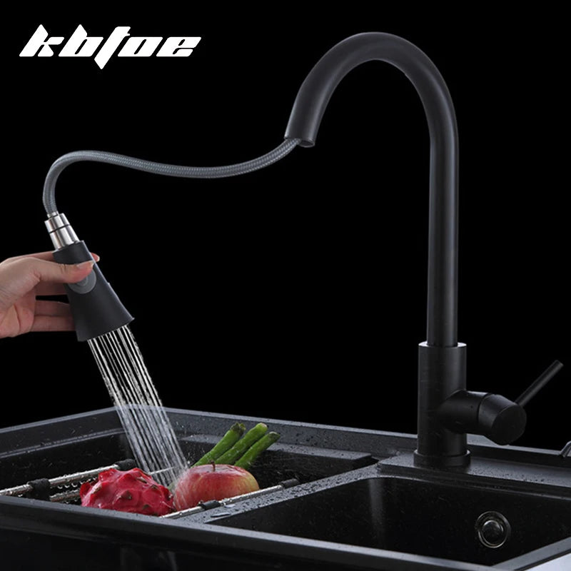 Black/Matte White Kitchen Faucet Single Hole Pull Out Stream Sprayer Head Sink Mixer Tap Deck Mounted Cold Hot Water Chrome Tap