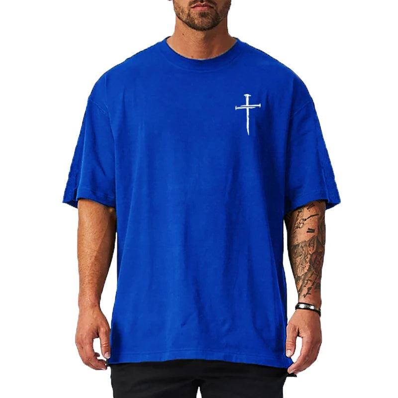 Personalized Cross Print Mens Fitness T-shirts Oversized Loose Short Sleeve Cotton Breathable Shirt Gym Bodybuilding Muscle Tops