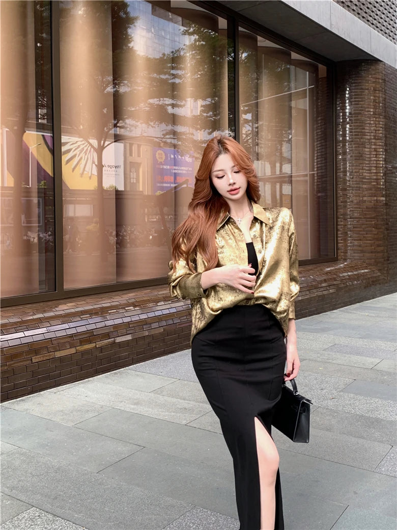 ADAgirl Y2k Golden Color Shirt Female Long Sleeve Luxury Elegant Blouse Women  Button Up Oversized Casual Spring Autumn Top Chic