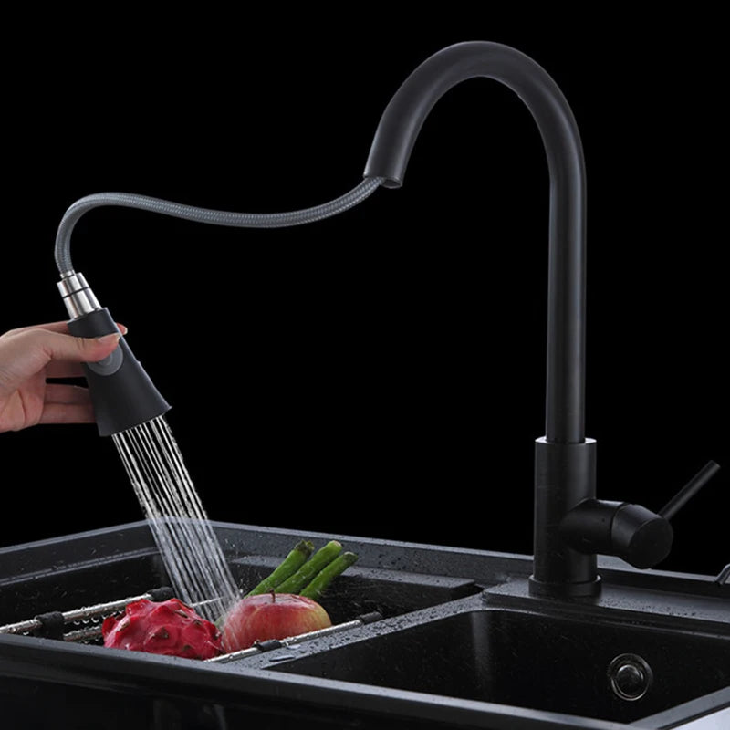 Black/Matte White Kitchen Faucet Single Hole Pull Out Stream Sprayer Head Sink Mixer Tap Deck Mounted Cold Hot Water Chrome Tap