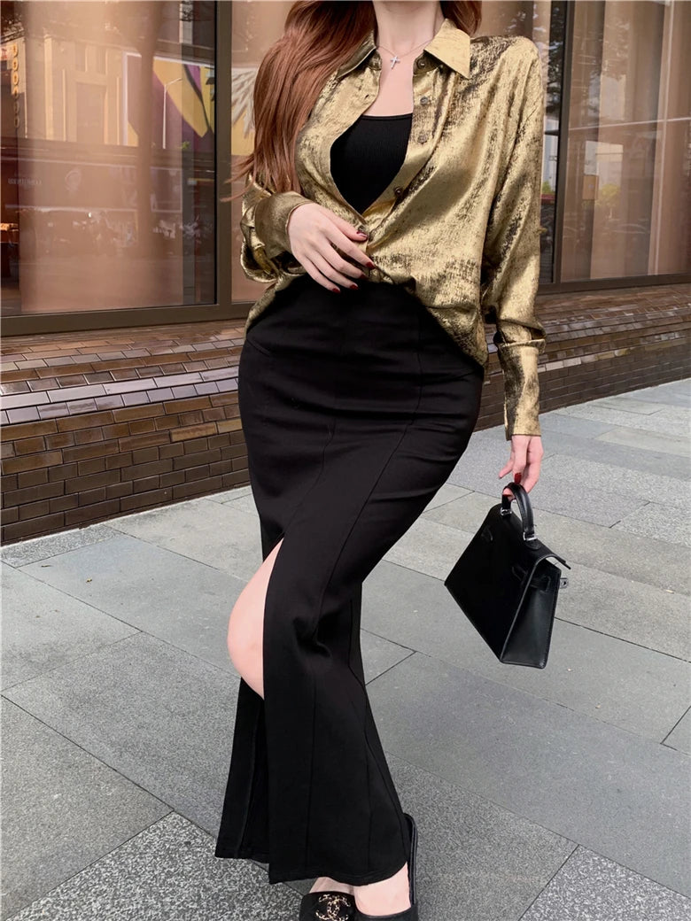 ADAgirl Y2k Golden Color Shirt Female Long Sleeve Luxury Elegant Blouse Women  Button Up Oversized Casual Spring Autumn Top Chic