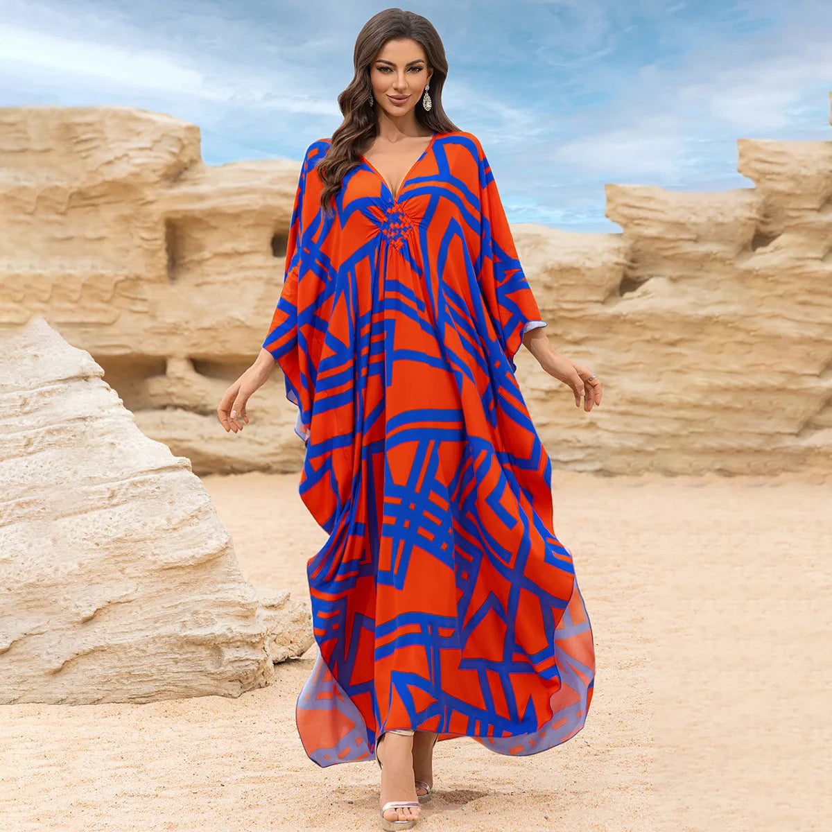 Kaftan Dresses for Women Wave Neck Swimsuit Cover Up Caftan Dress Plus Size Oversized Long Beach Dress