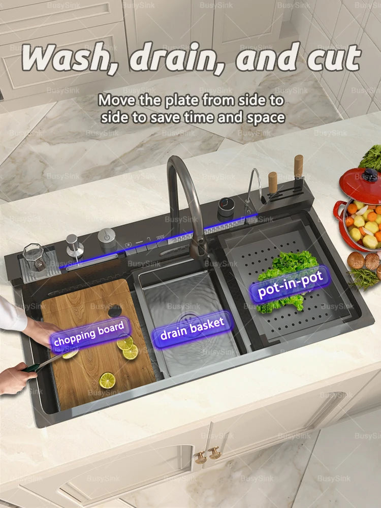 Stainless Steel Waterfall Kitchen Sink With Knife Holder Cup Wash Embossed Extra Large Single Sink Farmhouse Washbasin