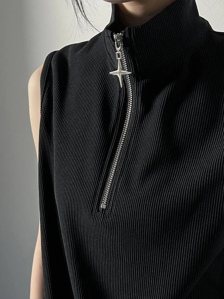 Oversized T Shirts Women Clothing Turtleneck Sleeveless Zipper Y2k Tops 2025 Ropa Mujer Summer Tees Casual Fashion Black T-shirt