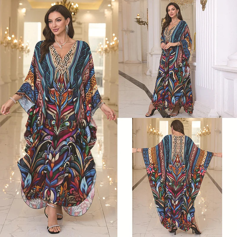 Kaftan Dresses for Women Wave Neck Swimsuit Cover Up Caftan Dress Plus Size Oversized Long Beach Dress