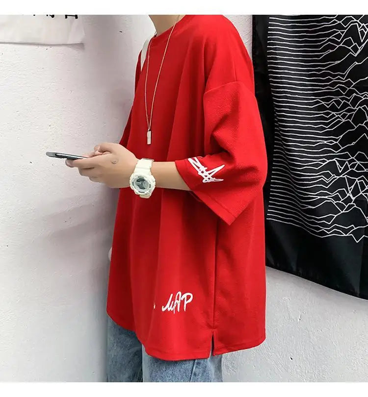 Fashion Solid Color Printed Asymmetrical T-Shirt Men Clothing 2023 Spring New Oversized Casual Pullovers Loose Korean Tee Shirt