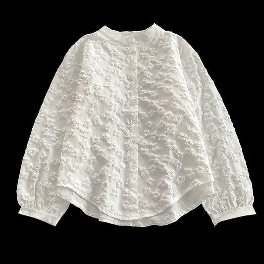 White Blouses Women Clothing O-neck Vintage Jacquard Shirts 2025 Camisas De Mujer Fashion Korean Single Breasted Oversized Tops