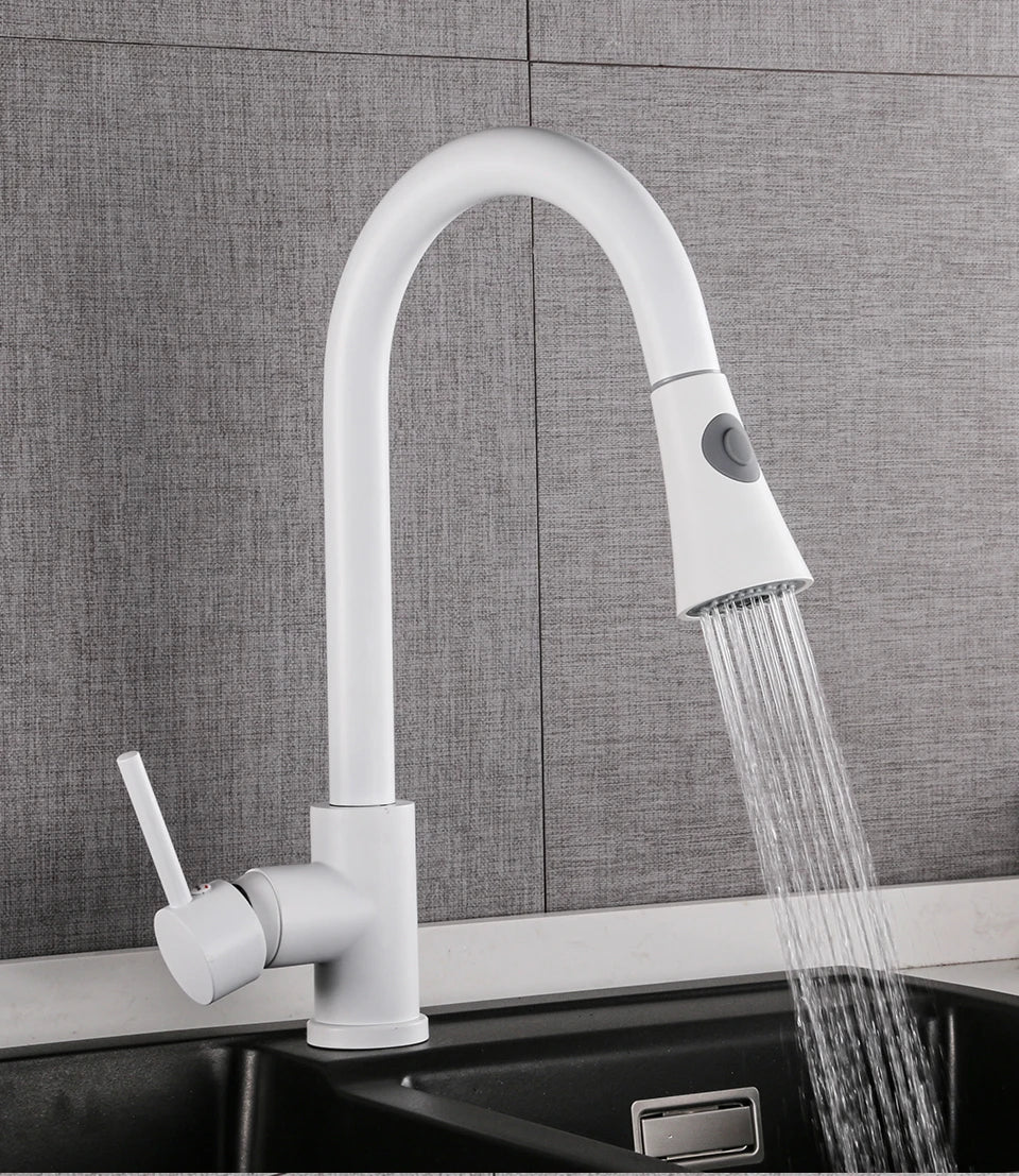 Black/Matte White Kitchen Faucet Single Hole Pull Out Stream Sprayer Head Sink Mixer Tap Deck Mounted Cold Hot Water Chrome Tap