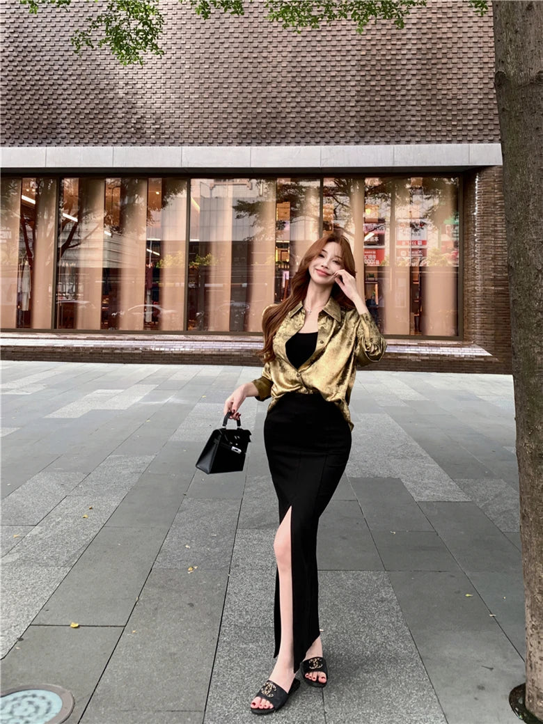 ADAgirl Y2k Golden Color Shirt Female Long Sleeve Luxury Elegant Blouse Women  Button Up Oversized Casual Spring Autumn Top Chic