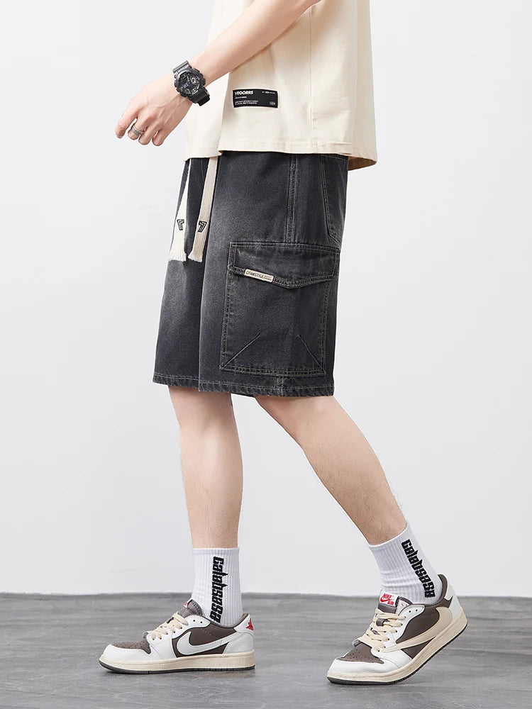 Men's Oversized Denim Shorts Summer Anti-Chafing Mid Waist Stretch Cargo Shorts Youth Hip Hop Beach Streetwear Sizes M-5XL