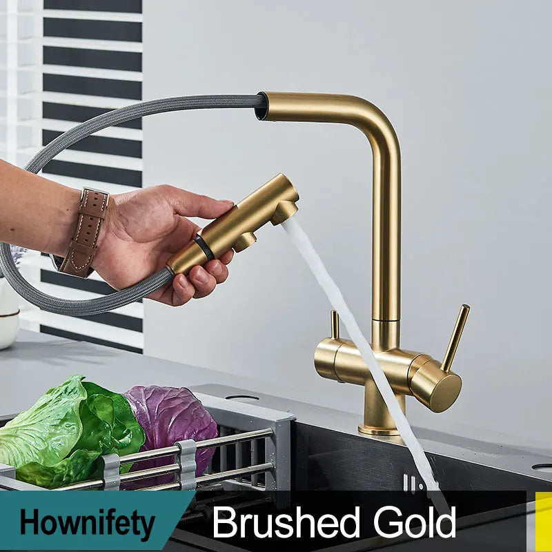 Chrome Black Filter Pull Out Kitchen Faucet Deck Mount 360 Degree Rotation Purified Tapware Cold Hot Crane Tap Dual Spouts Drink