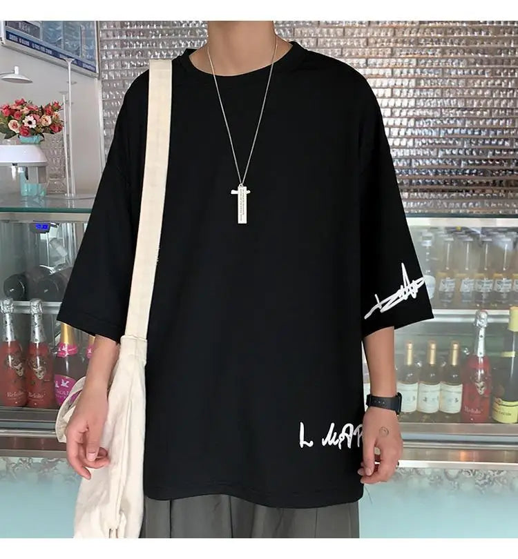 Fashion Solid Color Printed Asymmetrical T-Shirt Men Clothing 2023 Spring New Oversized Casual Pullovers Loose Korean Tee Shirt