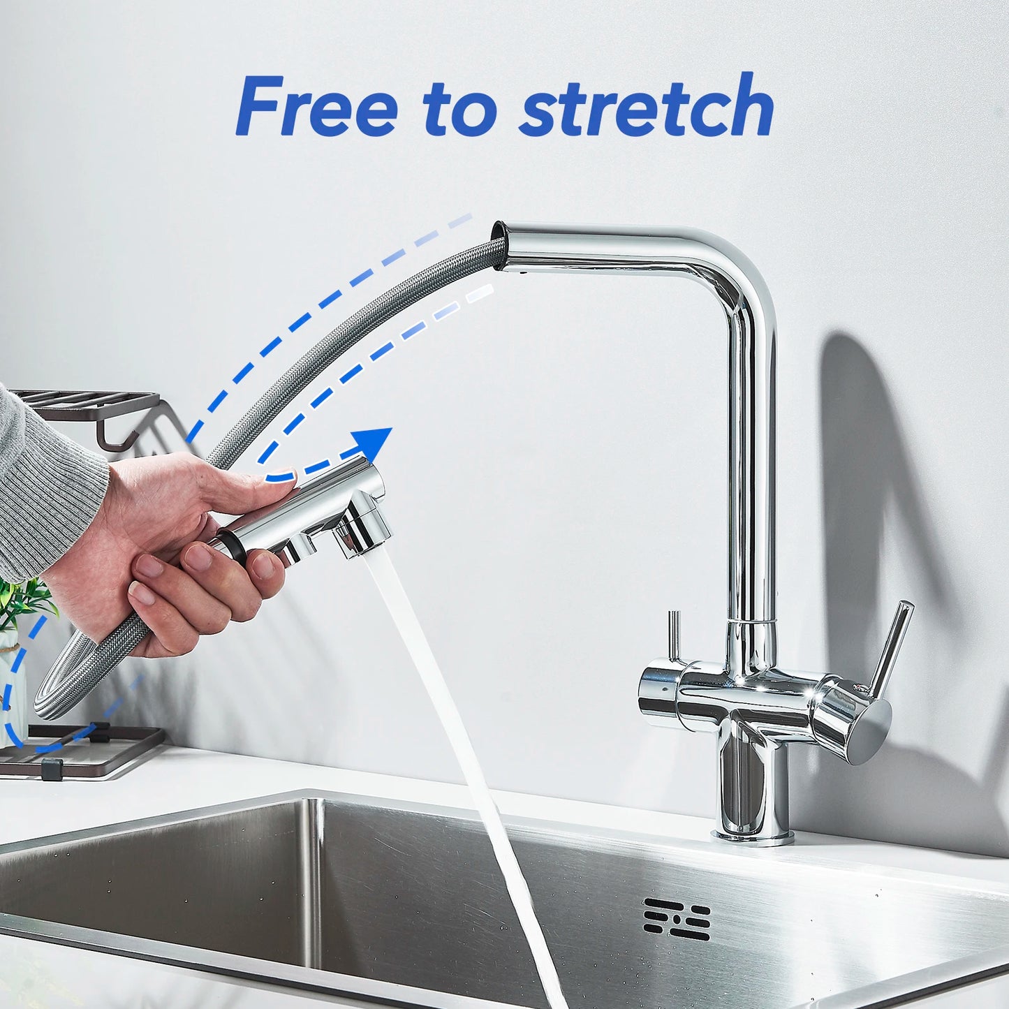Chrome Black Filter Pull Out Kitchen Faucet Deck Mount 360 Degree Rotation Purified Tapware Cold Hot Crane Tap Dual Spouts Drink