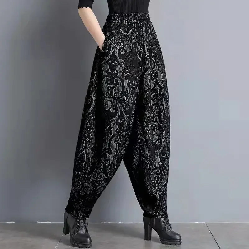 New Draping winter Jacquard Bloomers Women Casual Loose High Waist Vintage Wide Leg Harlan Pants Oversized Mom Pants trousers