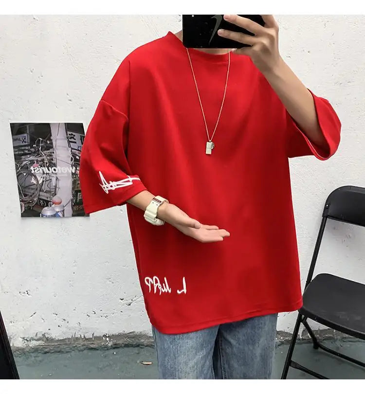 Fashion Solid Color Printed Asymmetrical T-Shirt Men Clothing 2023 Spring New Oversized Casual Pullovers Loose Korean Tee Shirt
