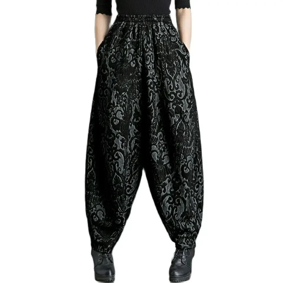 New Draping winter Jacquard Bloomers Women Casual Loose High Waist Vintage Wide Leg Harlan Pants Oversized Mom Pants trousers