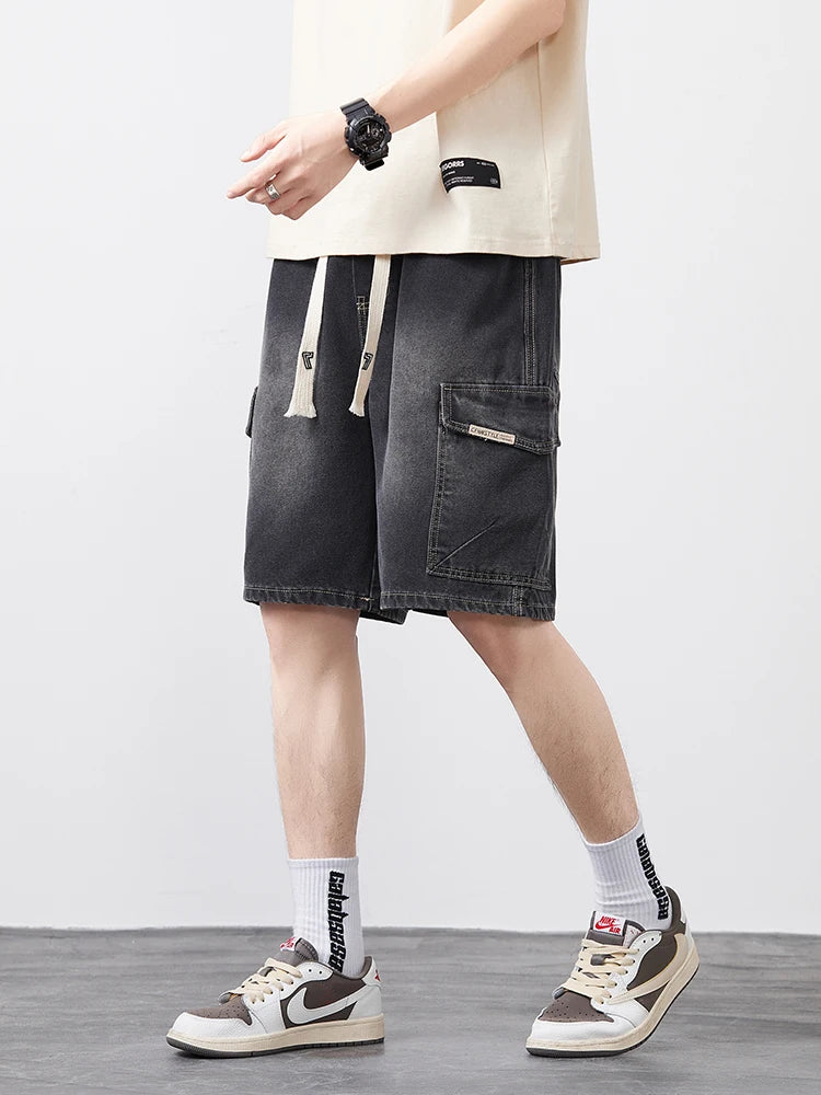 Men's Oversized Denim Shorts Summer Anti-Chafing Mid Waist Stretch Cargo Shorts Youth Hip Hop Beach Streetwear Sizes M-5XL