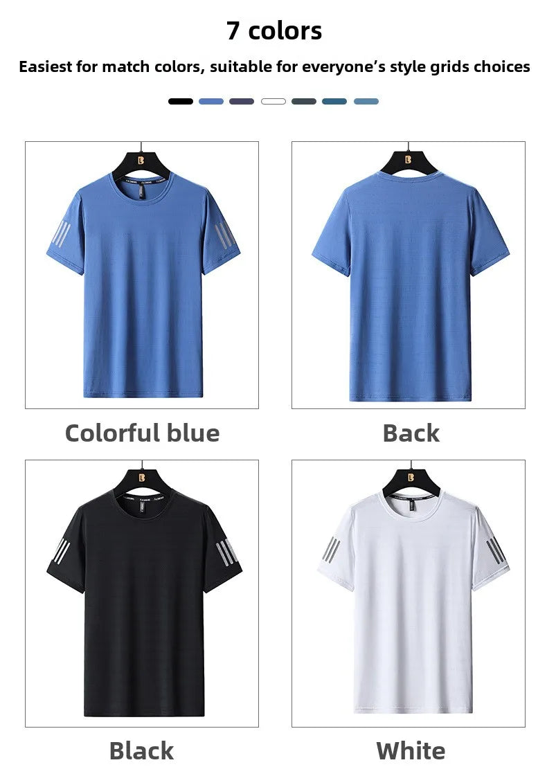 Summer Thin Ice Silk T-Shirt For Men Crew Neck Short Sleeve Casual Soft Fitness Tops Plain Oversized Tees