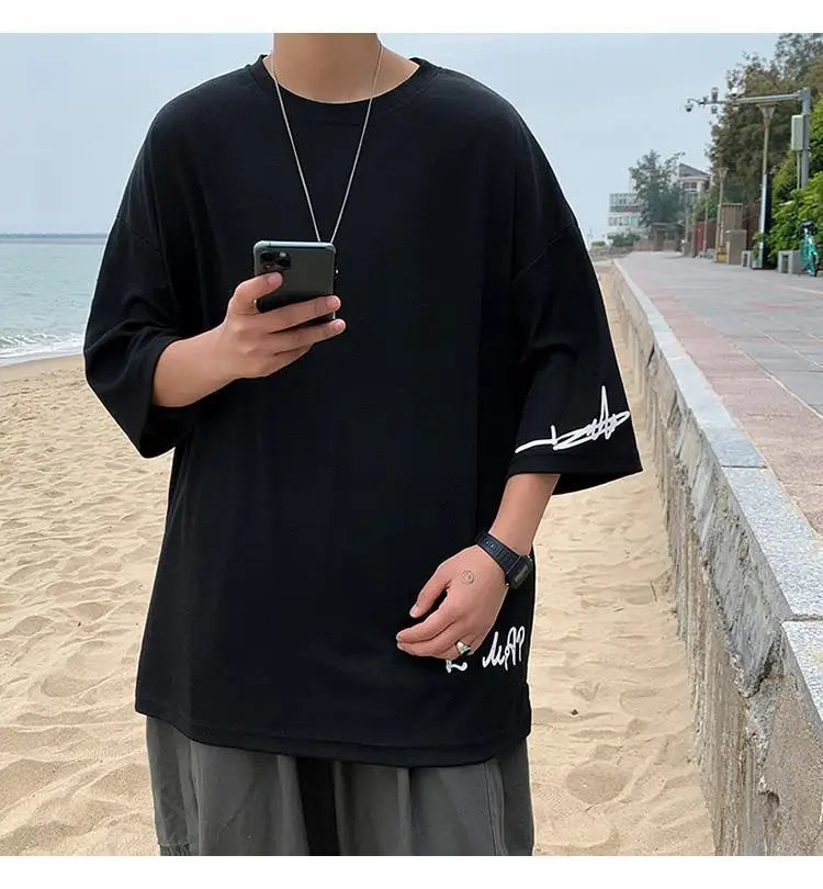 Fashion Solid Color Printed Asymmetrical T-Shirt Men Clothing 2023 Spring New Oversized Casual Pullovers Loose Korean Tee Shirt
