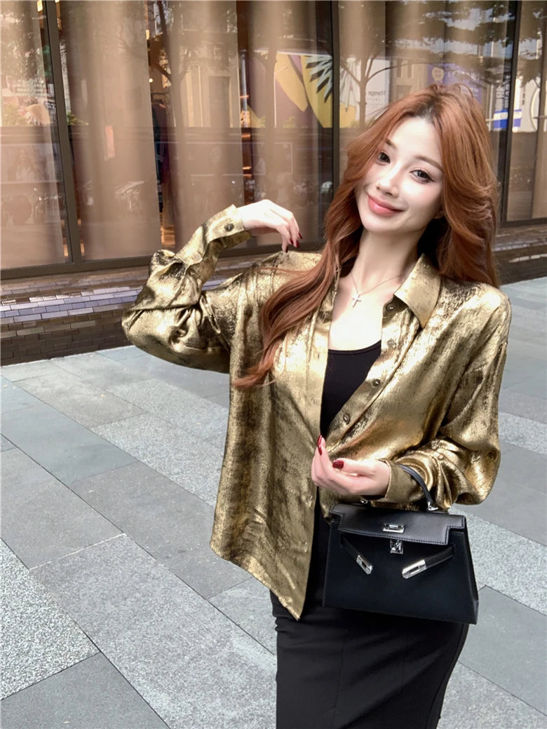 ADAgirl Y2k Golden Color Shirt Female Long Sleeve Luxury Elegant Blouse Women  Button Up Oversized Casual Spring Autumn Top Chic