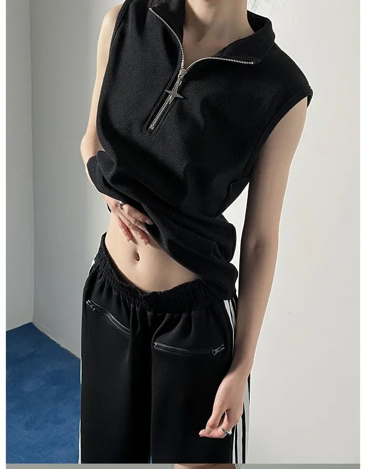 Oversized T Shirts Women Clothing Turtleneck Sleeveless Zipper Y2k Tops 2025 Ropa Mujer Summer Tees Casual Fashion Black T-shirt