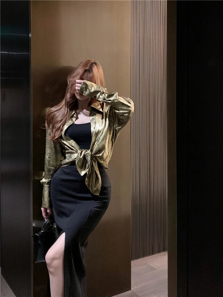 ADAgirl Y2k Golden Color Shirt Female Long Sleeve Luxury Elegant Blouse Women  Button Up Oversized Casual Spring Autumn Top Chic