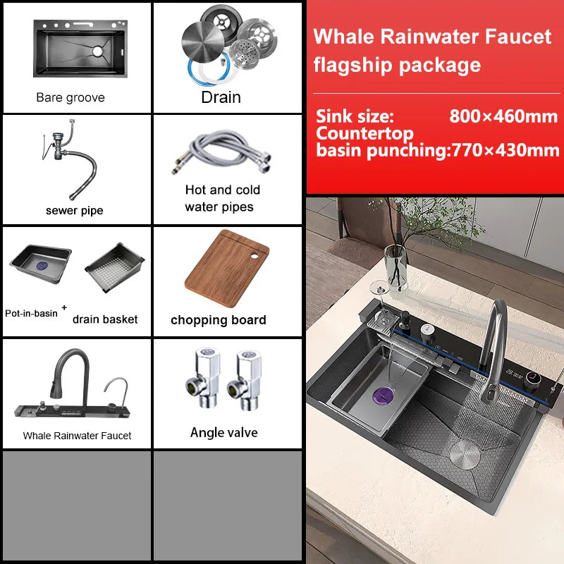 Stainless Steel Waterfall Kitchen Sink With Knife Holder Cup Wash Embossed Extra Large Single Sink Farmhouse Washbasin