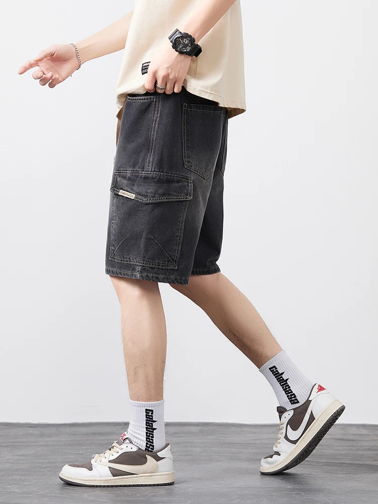 Men's Oversized Denim Shorts Summer Anti-Chafing Mid Waist Stretch Cargo Shorts Youth Hip Hop Beach Streetwear Sizes M-5XL