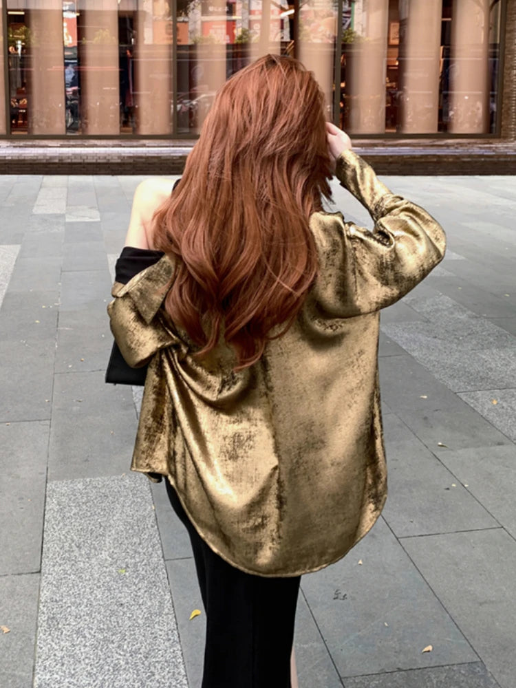 ADAgirl Y2k Golden Color Shirt Female Long Sleeve Luxury Elegant Blouse Women  Button Up Oversized Casual Spring Autumn Top Chic