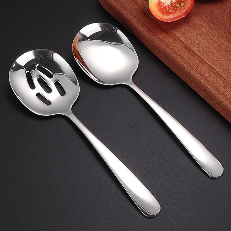 Silver Kitchen Stainless Steel Serving Spoon Long Handle Food Shovel Buffet Salad Colander Creative Hollow Home Tableware