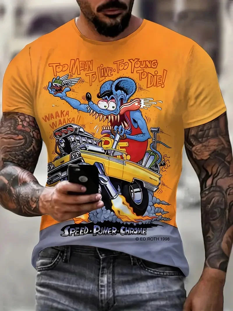 Funny Men's T-shirt Summer Outdoor Round Neck Short Sleeve Top Cartoon Print Street Loose T-shirt Men's Oversized Clothing