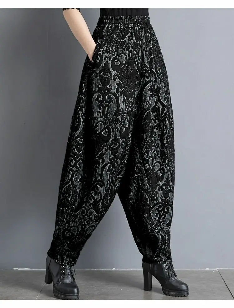 New Draping winter Jacquard Bloomers Women Casual Loose High Waist Vintage Wide Leg Harlan Pants Oversized Mom Pants trousers