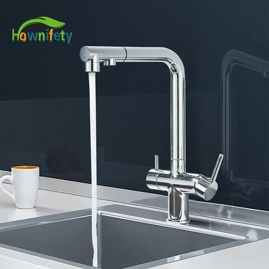 Chrome Black Filter Pull Out Kitchen Faucet Deck Mount 360 Degree Rotation Purified Tapware Cold Hot Crane Tap Dual Spouts Drink